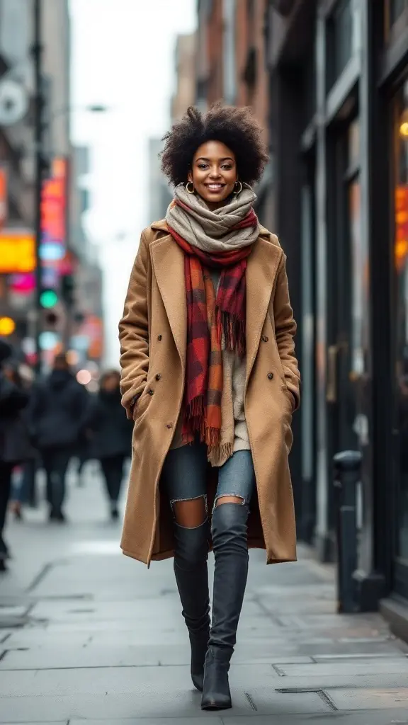A woman in a layered outfit with a coat, scarf, and knee-high boots walking in an urban environment.