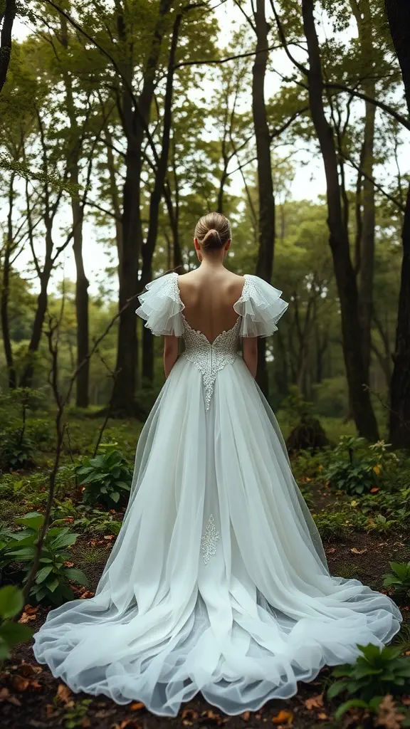 A bride in a wedding dress with layered tulle sleeves, standing in a forest.