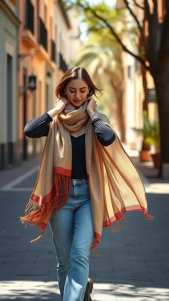 A woman walking down a street, wrapping a lightweight scarf around her shoulders, wearing a black top and blue jeans.