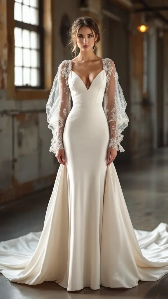 A stylish wedding dress featuring mesh sleeves and intricate lace detailing.