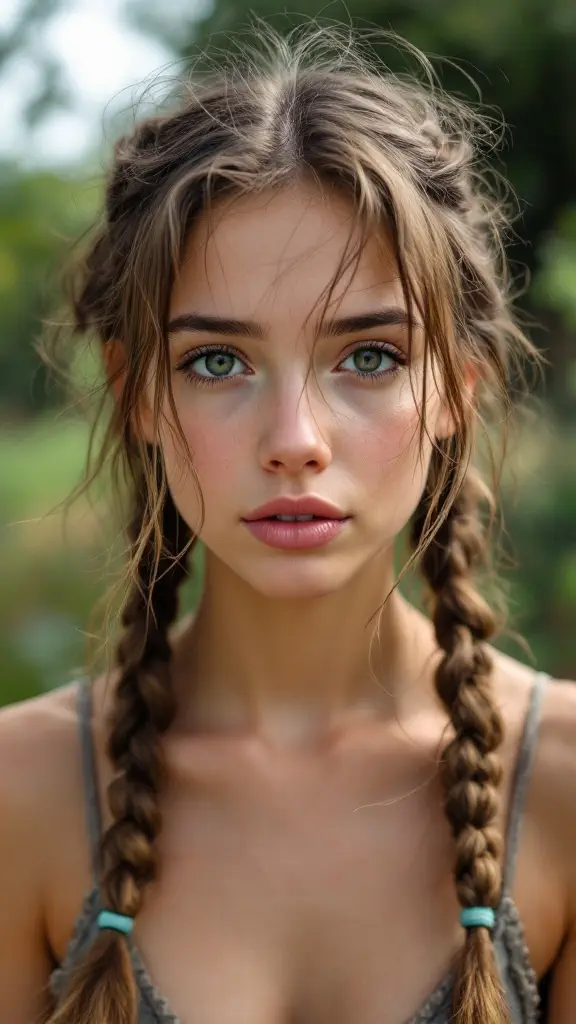 A young woman with messy braided pigtails, showcasing a relaxed and playful hairstyle.