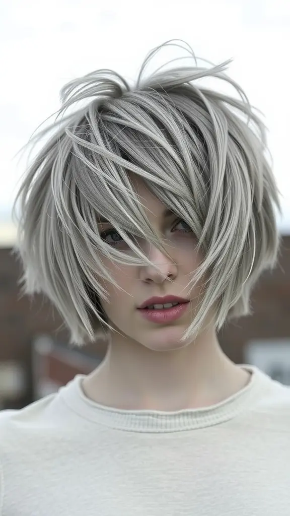 A woman with a messy spiky bob hairstyle characterized by tousled, light-colored hair.