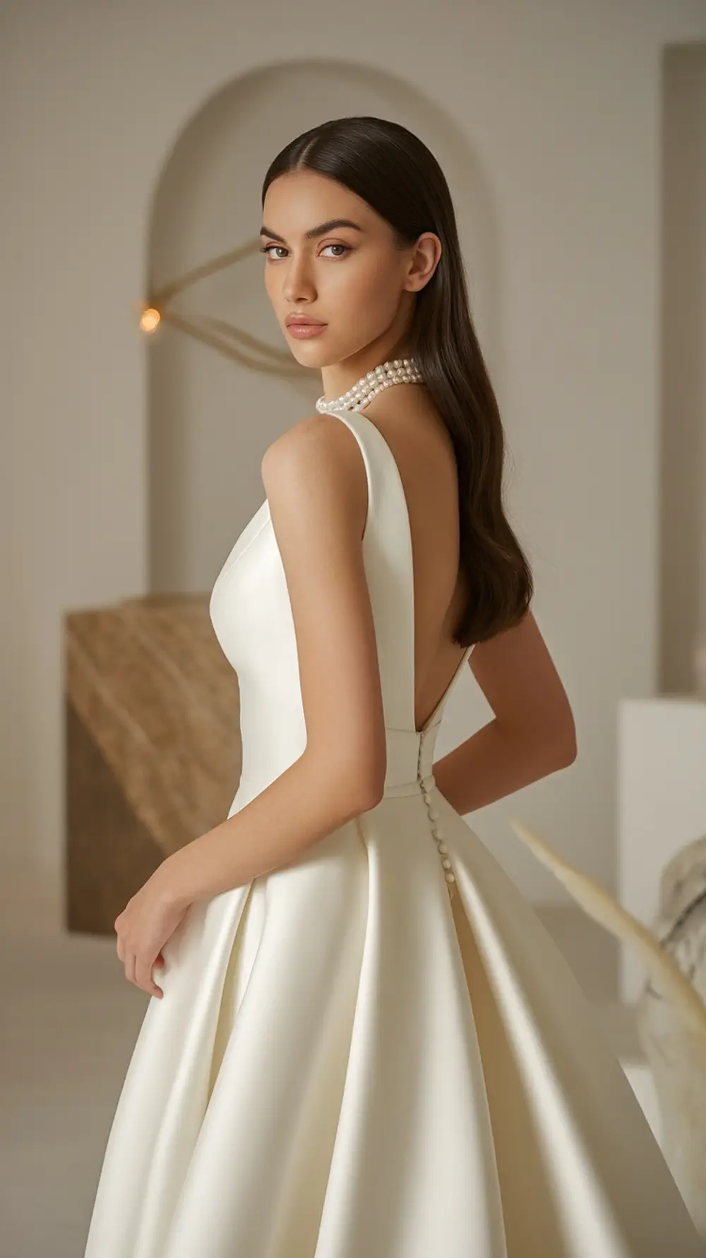 A model wearing a minimalist modern wedding dress with a deep back and pearl necklace.