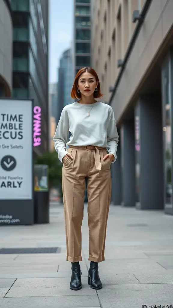 A woman in a light blue sweater and beige pants stands confidently in an urban setting, showcasing a minimalist outfit.