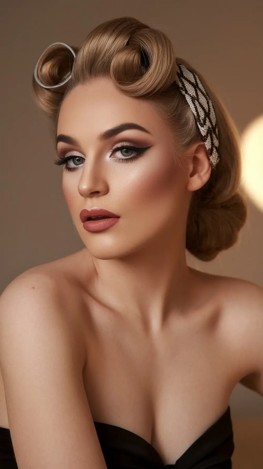 A woman with pin-up curls and a stylish headband, showcasing a 90's hairstyle.