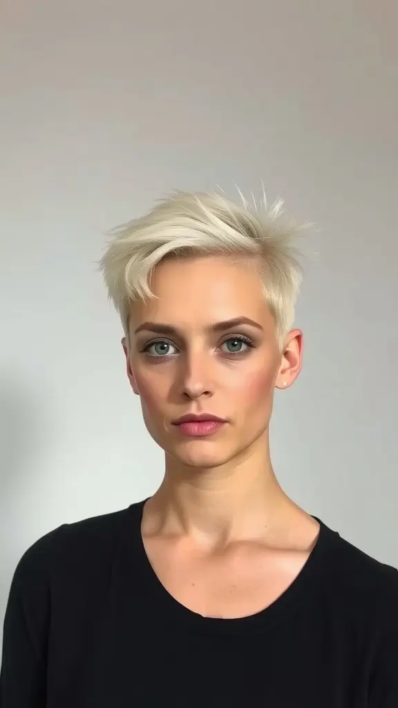 A woman with a platinum spiked crop haircut, showcasing bright hair and a stylish look.