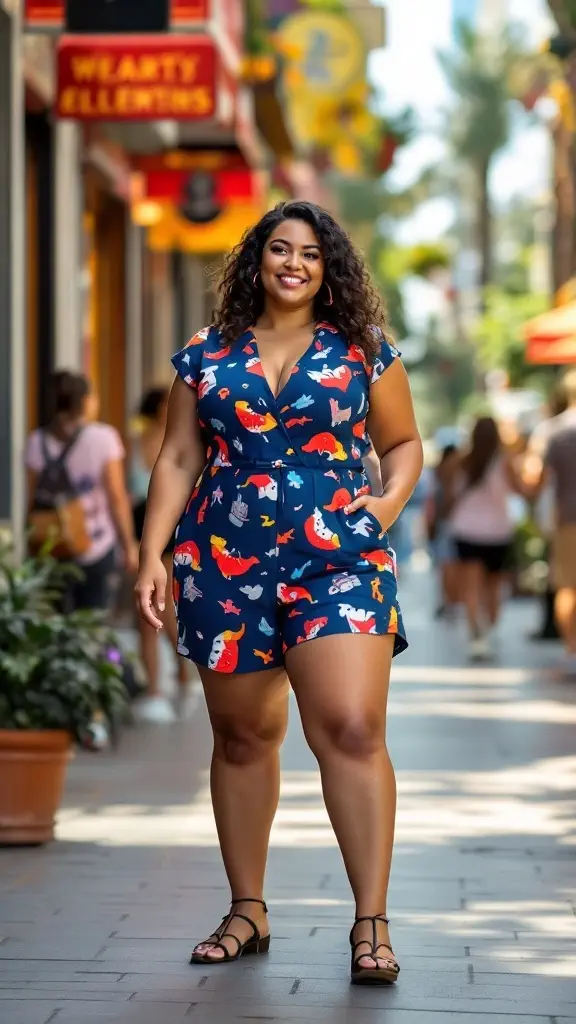 A plus-size woman walking confidently in a colorful romper on a sunny street.