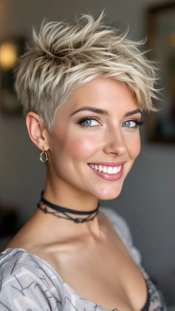 A child with blonde spiky hair, showcasing a playful pixie haircut.