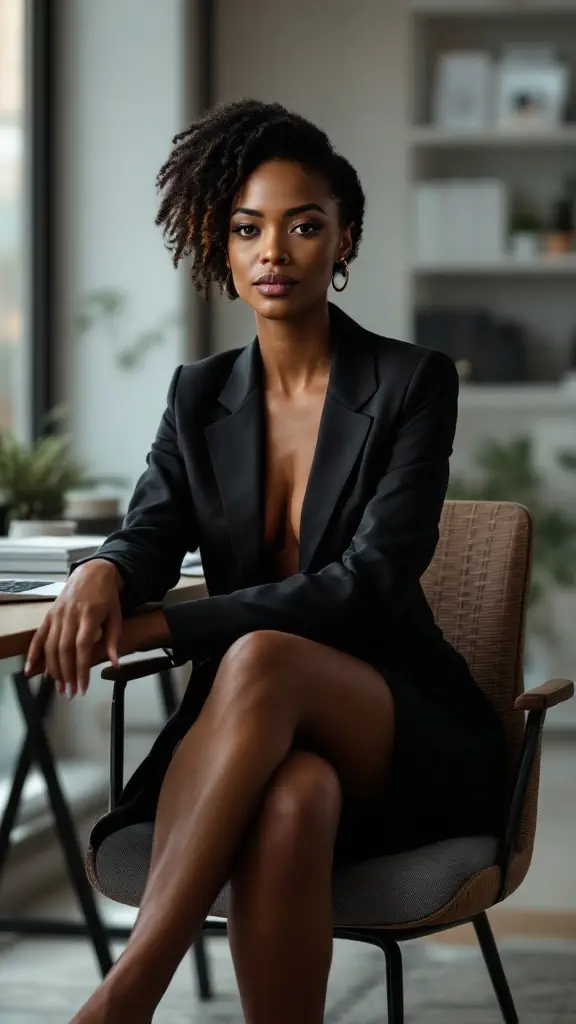A black woman in a tailored black blazer sitting confidently in an office setting.