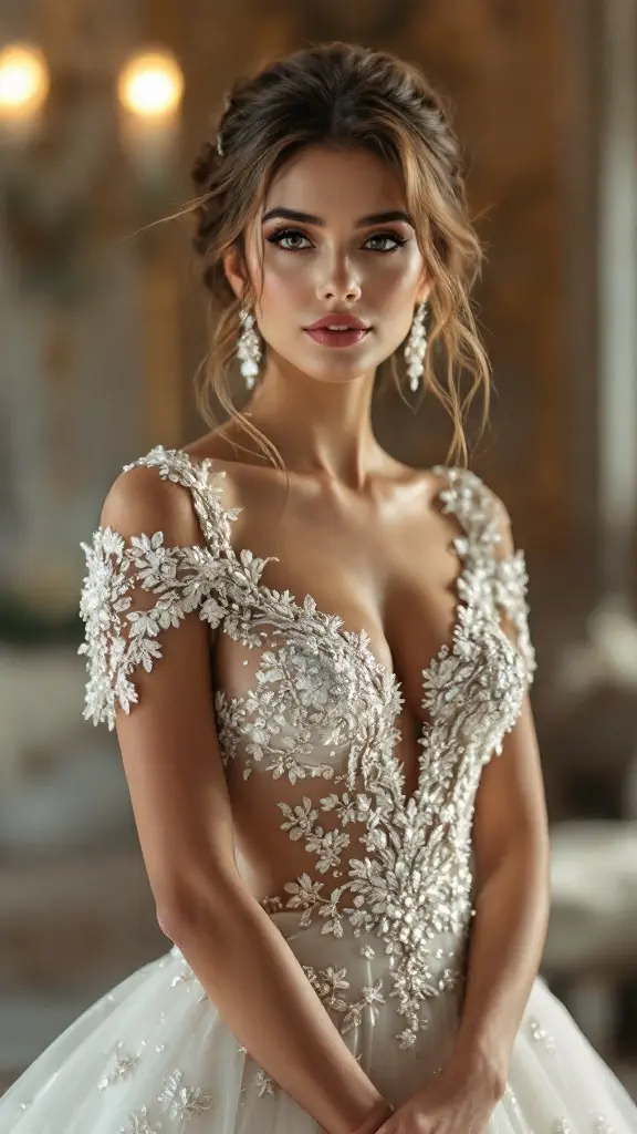 A detailed view of a regal cap sleeve wedding dress adorned with pearls and floral embellishments.