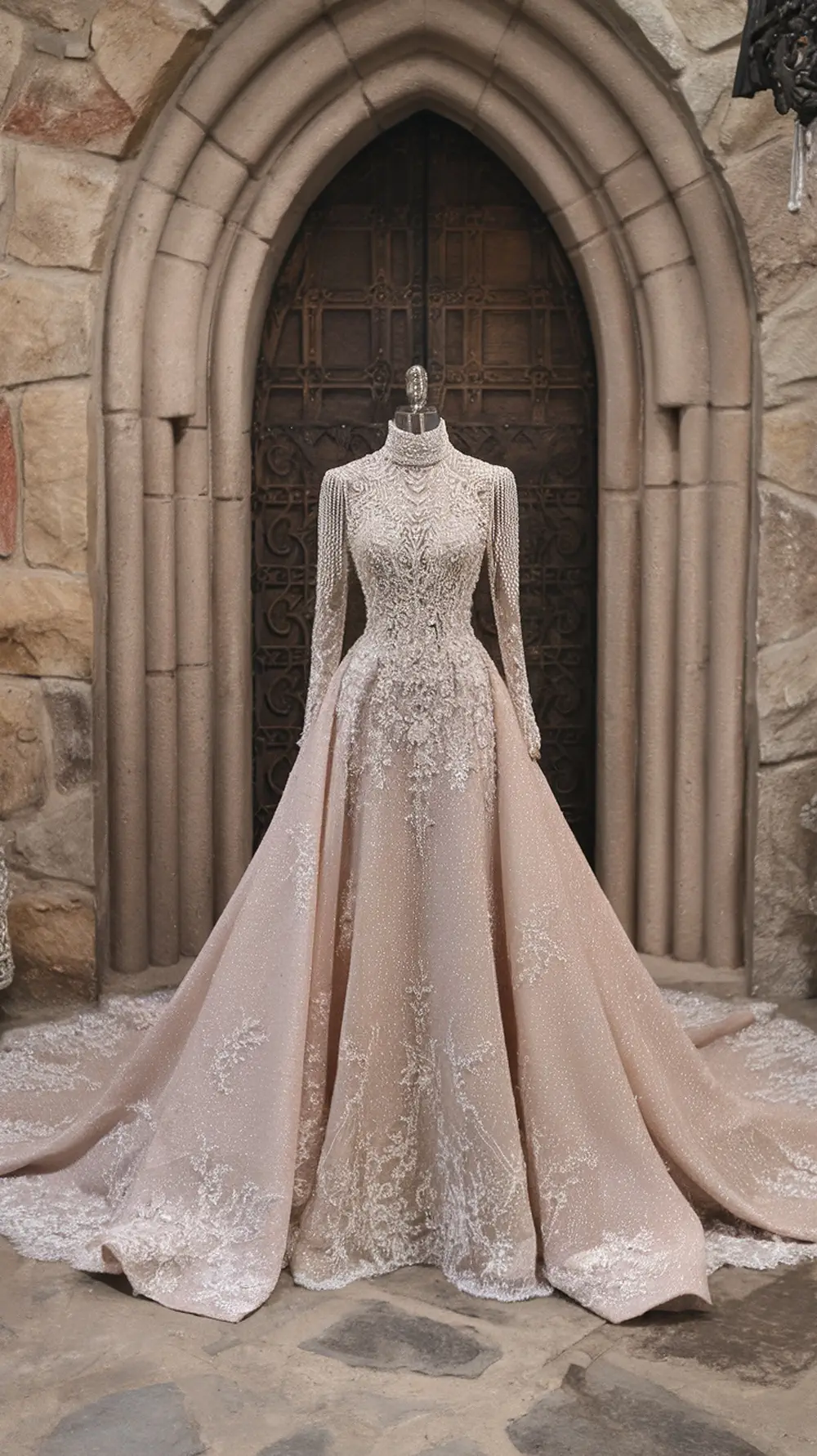 A regal high neck wedding dress with embellishments displayed in front of a stone backdrop.