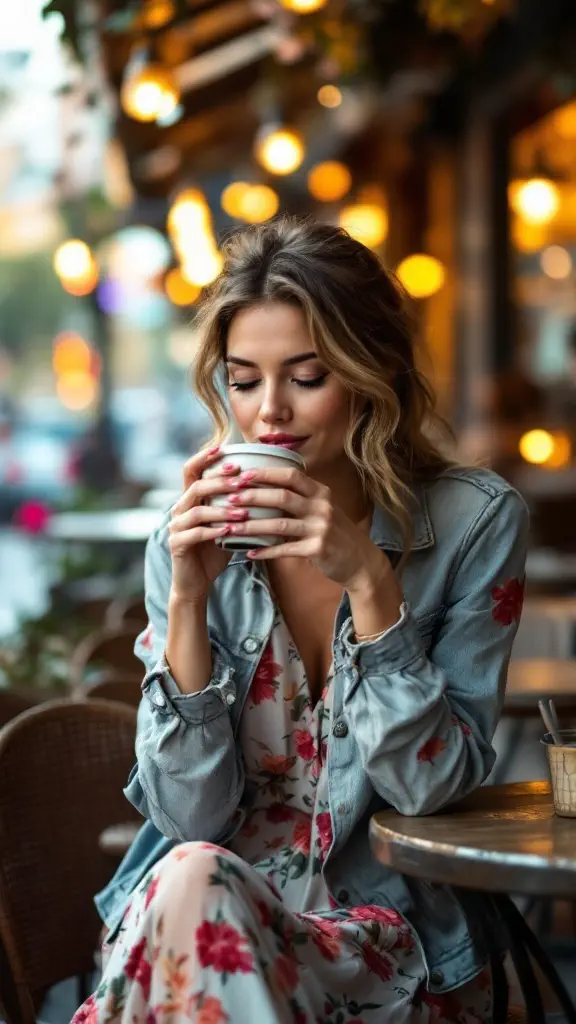 A woman wearing a denim jacket over a pink dress, sitting at an outdoor café holding a coffee.