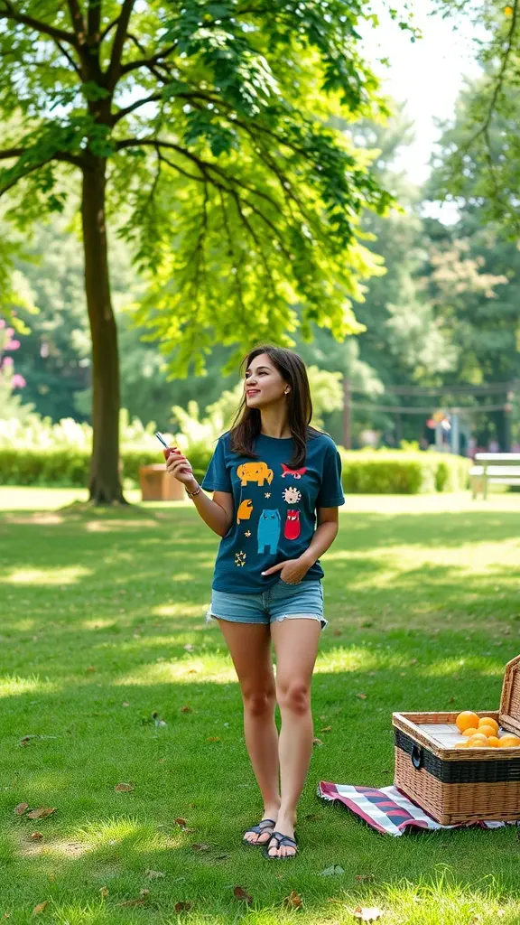 A woman in a relaxed fit t-shirt with fun animal prints, enjoying a sunny day outdoors.