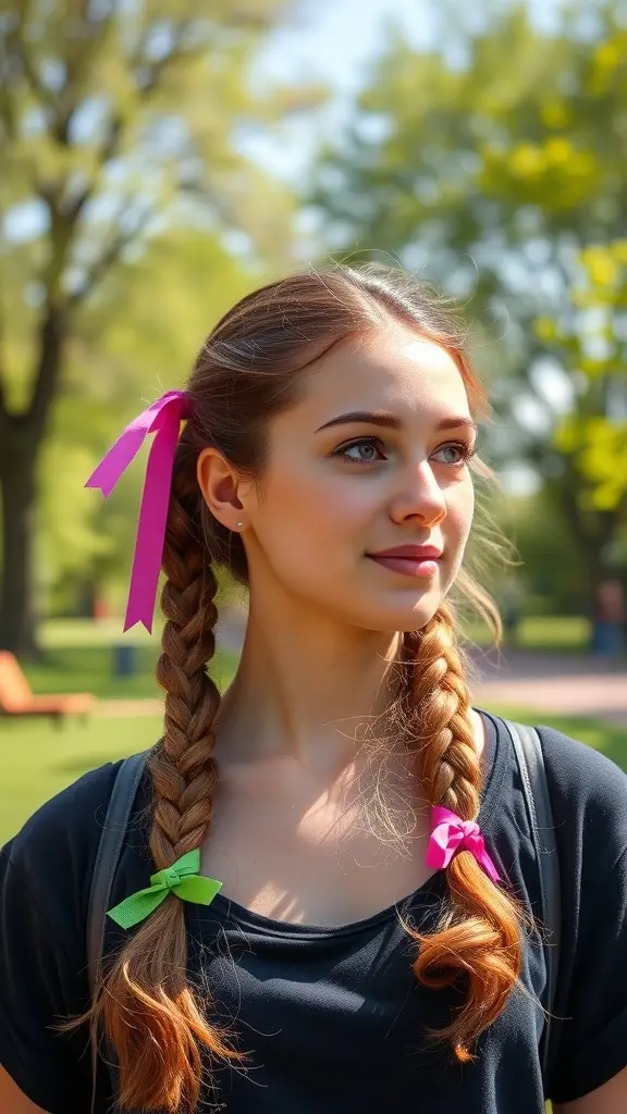 A girl with braided pigtails decorated with colorful ribbons, standing in a park