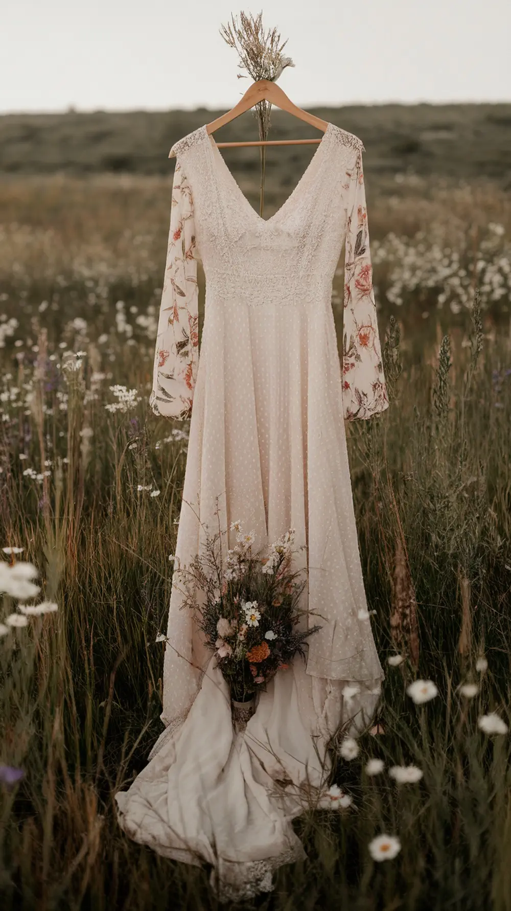 A romantic bohemian wedding dress displayed in a field with wildflowers.