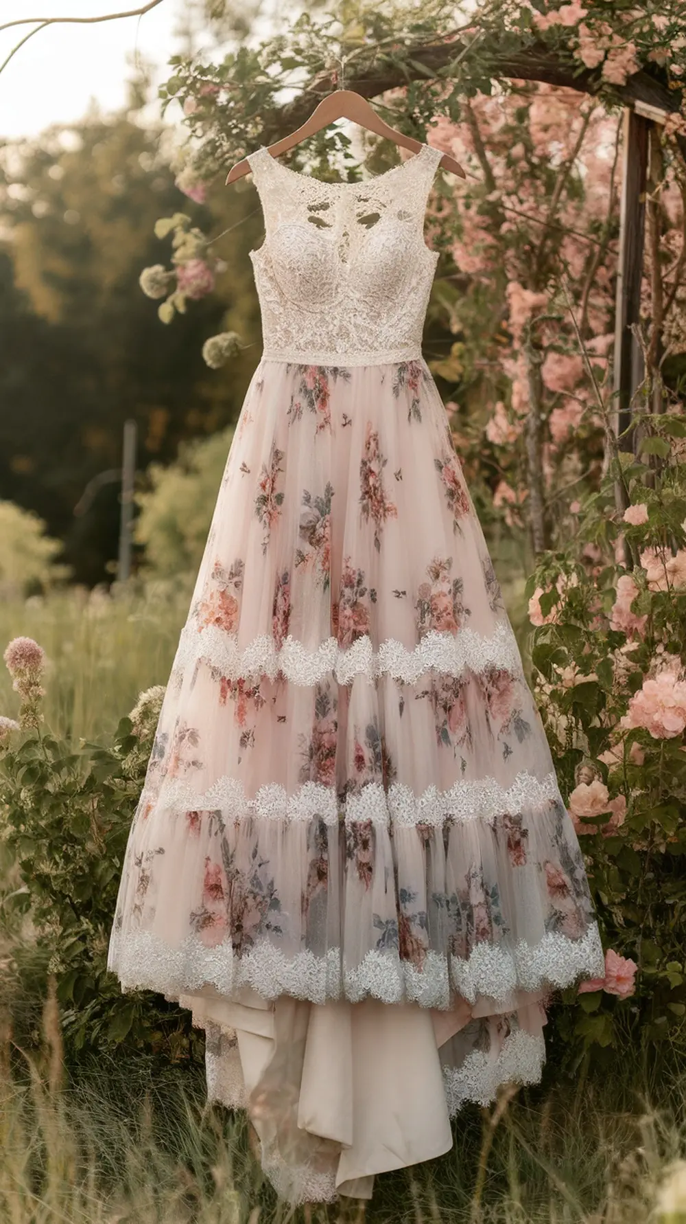 Romantic floral print wedding dress hanging on a wooden hanger surrounded by flowers