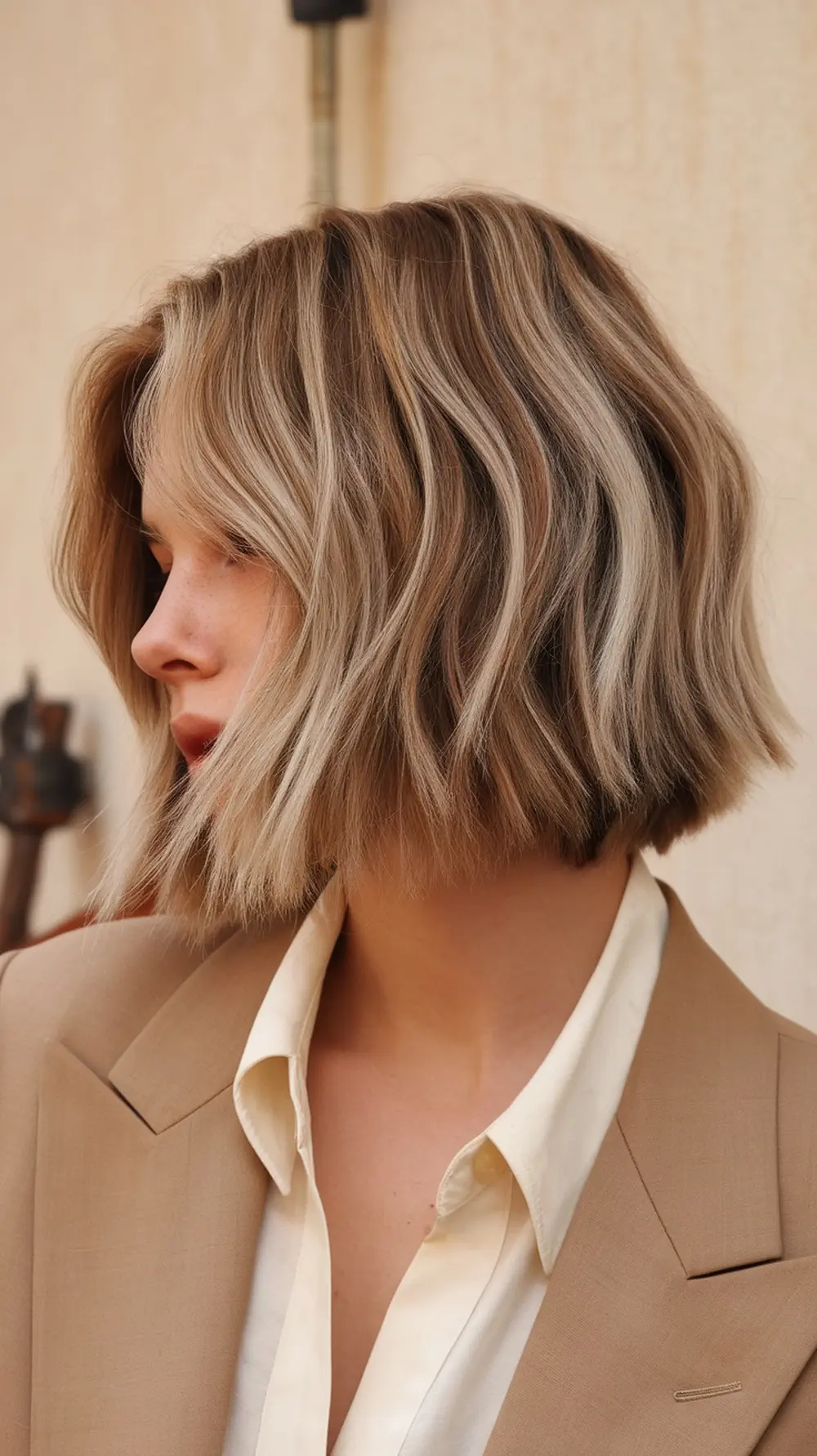 A woman with a shaggy bob hairstyle featuring highlights, wearing a beige blazer and a white shirt.