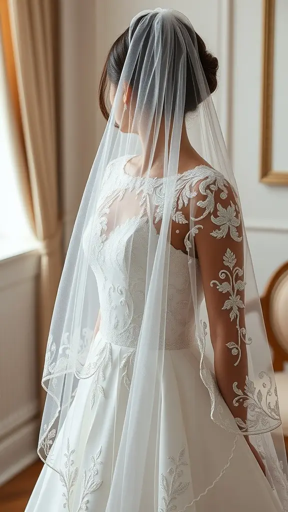 A bride wearing a wedding dress with sheer sleeves and delicate embroidery, complemented by a veil.