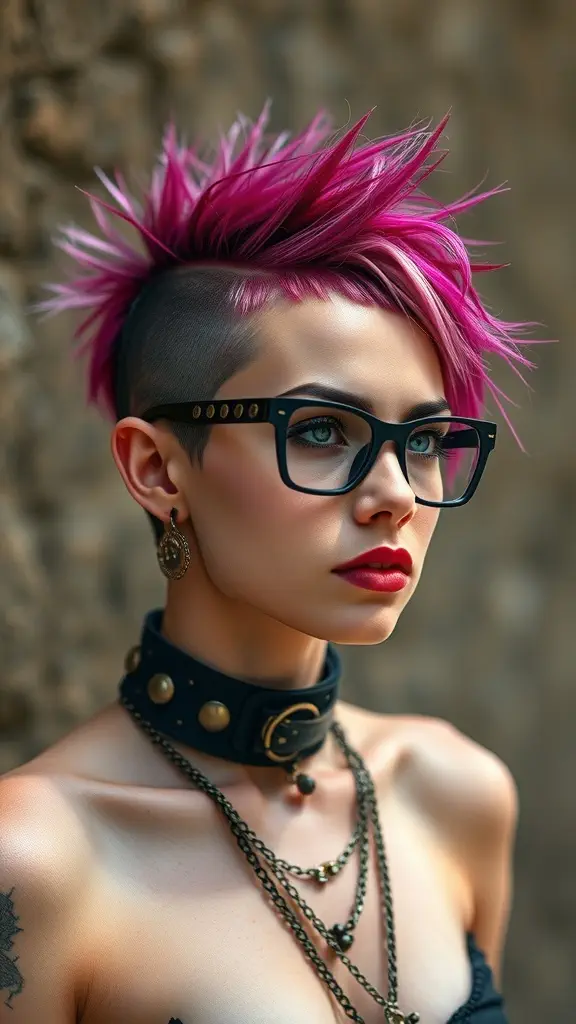 A woman with a short punk-inspired hairstyle featuring spiky pink hair and edgy accessories.