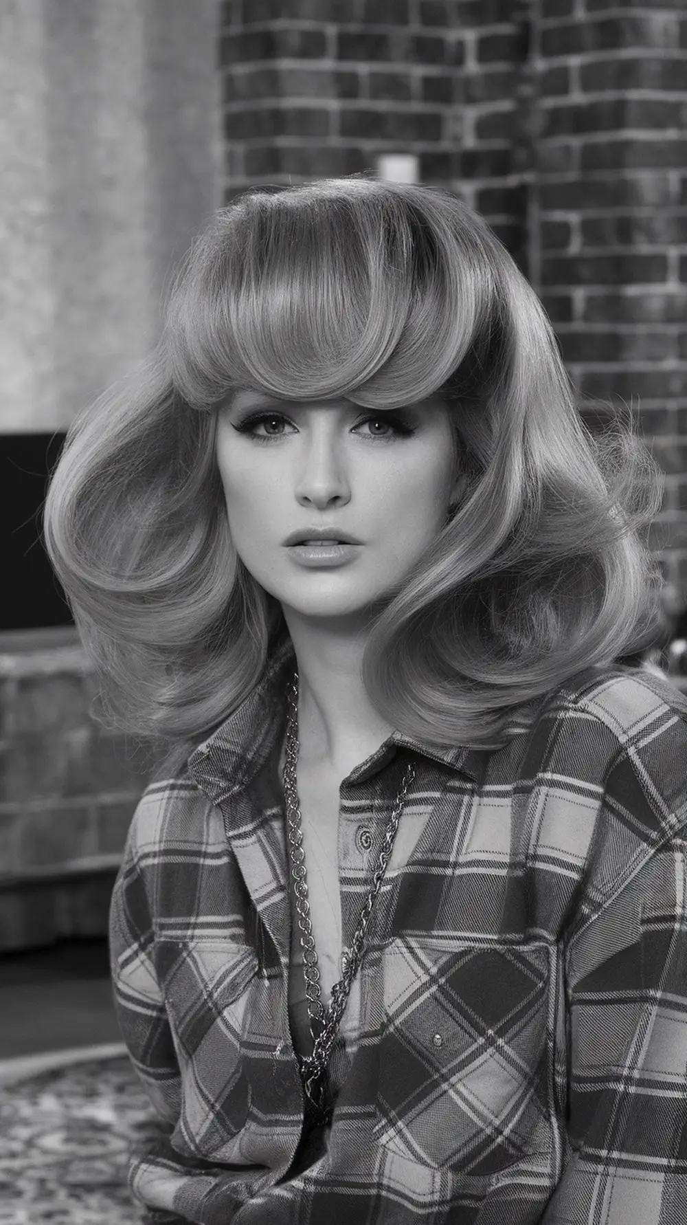 A woman with side-swept bangs and voluminous hair, wearing a plaid shirt, showcasing a classic 90s hairstyle.