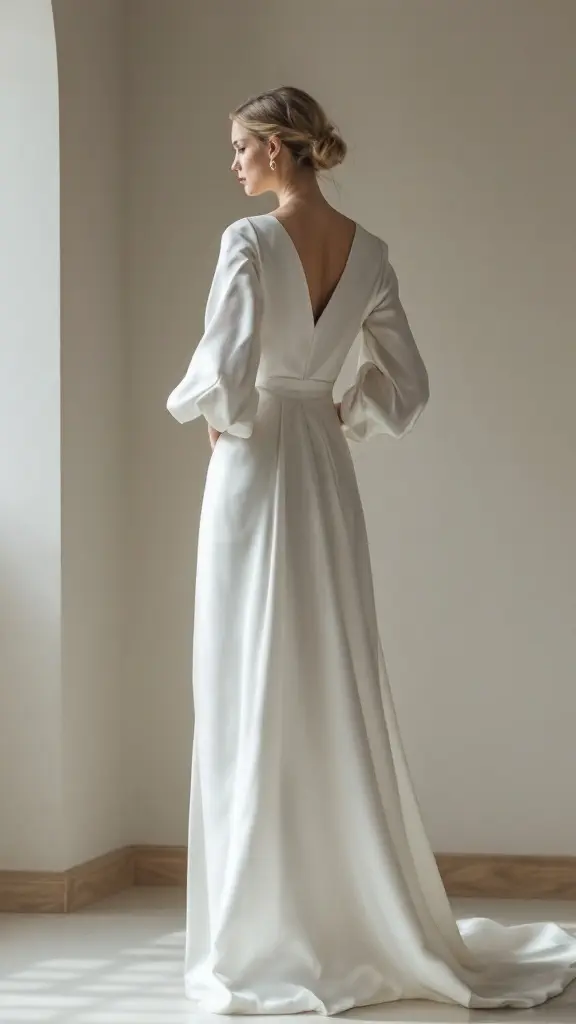 A minimalist wedding dress with satin sleeves, showcasing a sleek silhouette.