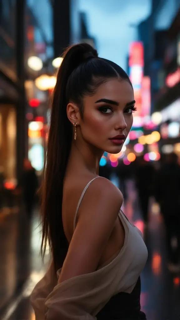 A woman with a sleek high ponytail, looking stylish in a city setting.