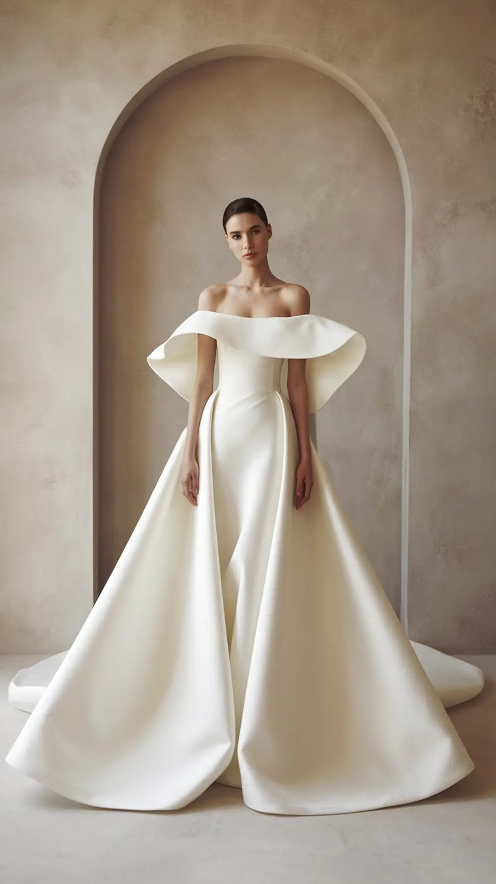 A model wearing a sleek modern minimalist wedding dress with an off-the-shoulder design, featuring a smooth silhouette and elegant draping.
