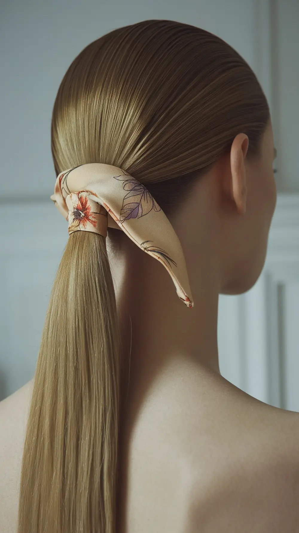 A woman with a sleek ponytail adorned with a floral hair wrap.