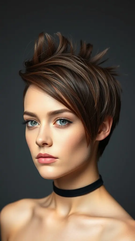 A woman with a sleek spiky bob hairstyle, featuring rich brown tones and a modern look.