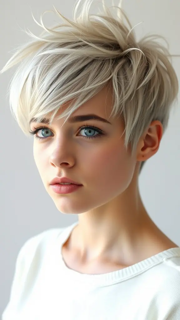 A young woman with a soft layered pixie haircut styled with spikes, featuring light-colored hair and a neutral expression.