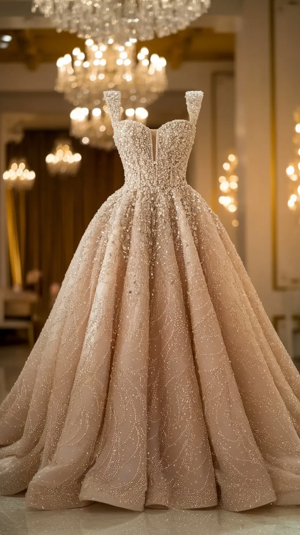 A beautiful sequin-embellished wedding dress with a structured bodice and a flowing skirt, set in an elegant venue.