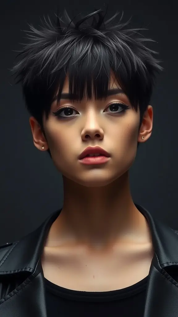 A model with a spiky fringe haircut, featuring short textured spikes and a dark color, looking confidently at the camera.