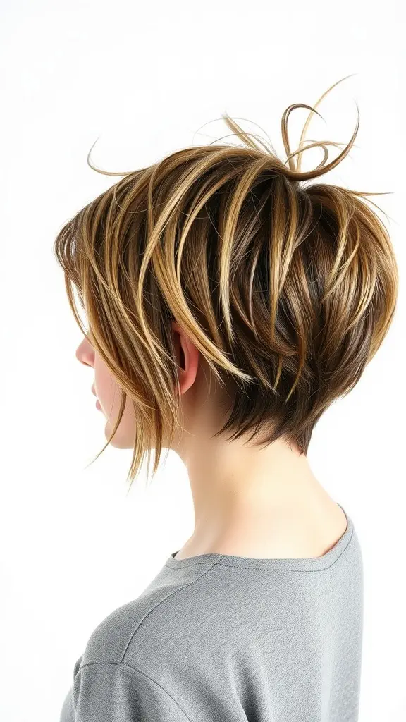 A woman with a spiky layered shag haircut, featuring a blend of dark and light hair colors.