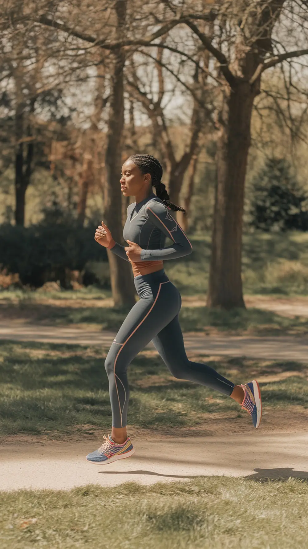 A woman jogging in a sporty athleisure outfit with colorful sneakers.