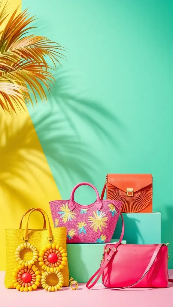Colorful summer bags displayed against a bright background, showcasing vibrant accessories for outfits.