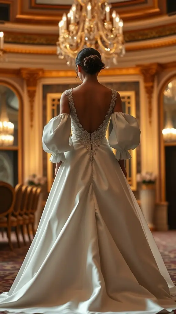 Back view of a wedding dress with structured puff sleeves and a low cut design, showcasing elegance and drama.