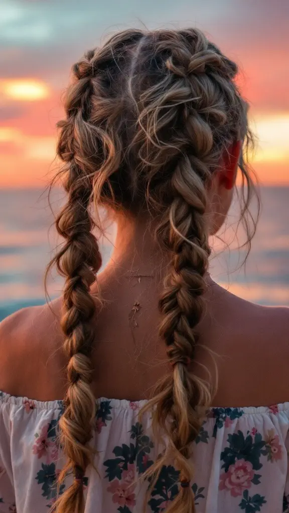 A person with textured braided pigtails standing in front of a sunset by the beach.