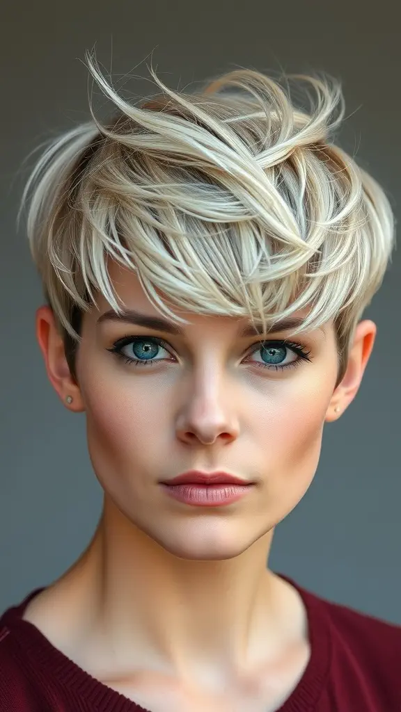 A woman with a textured pixie cut, showcasing layered blonde hair styled in a tousled manner.
