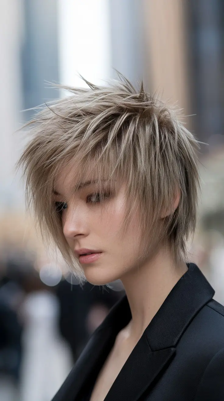 A close-up of a young person with a textured side-parted spiky haircut, featuring longer spikes on top and faded sides.