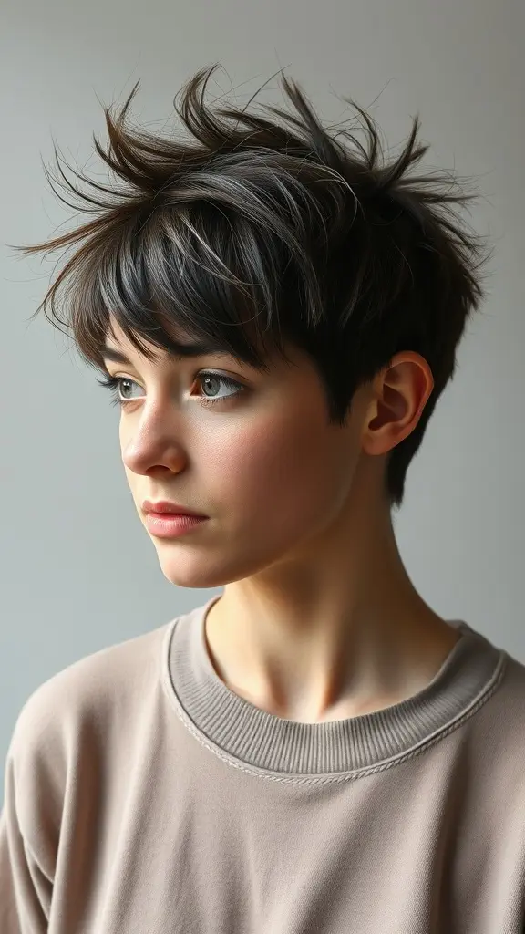 A young woman with a short, spiky haircut featuring textured spikes and bangs, showcasing a stylish look.