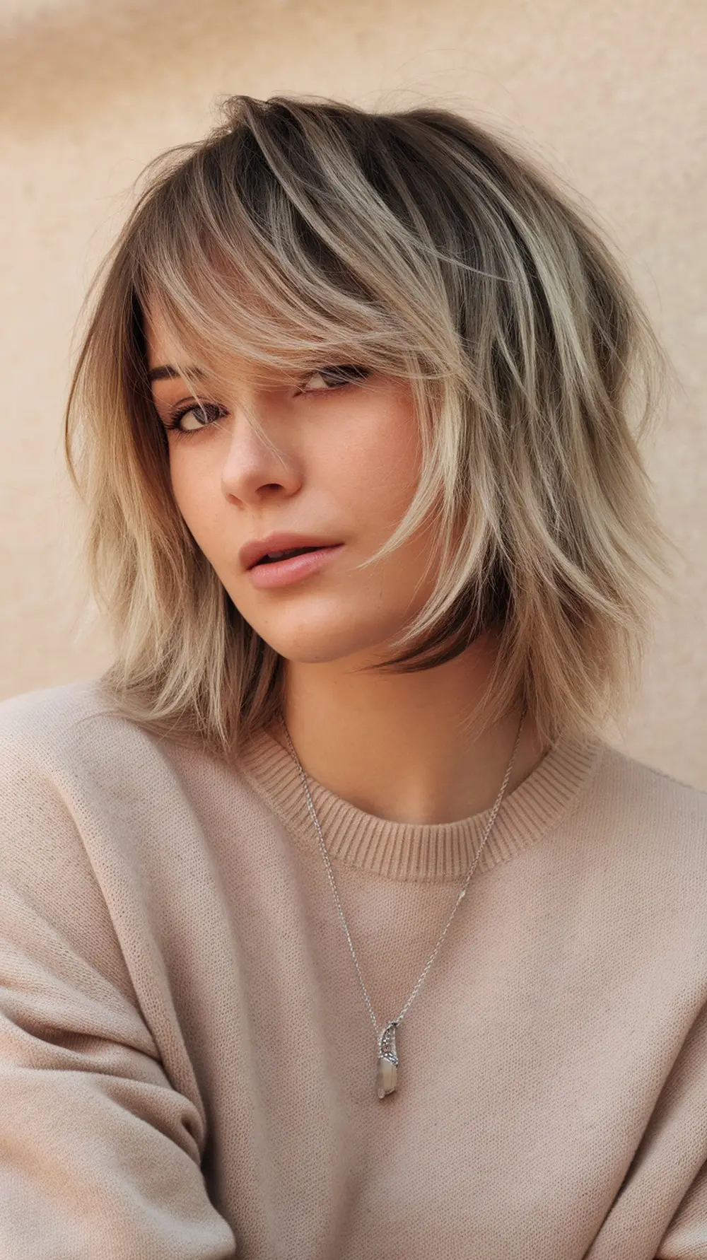 A woman showcasing the iconic Rachel hairstyle with layered hair and bangs.