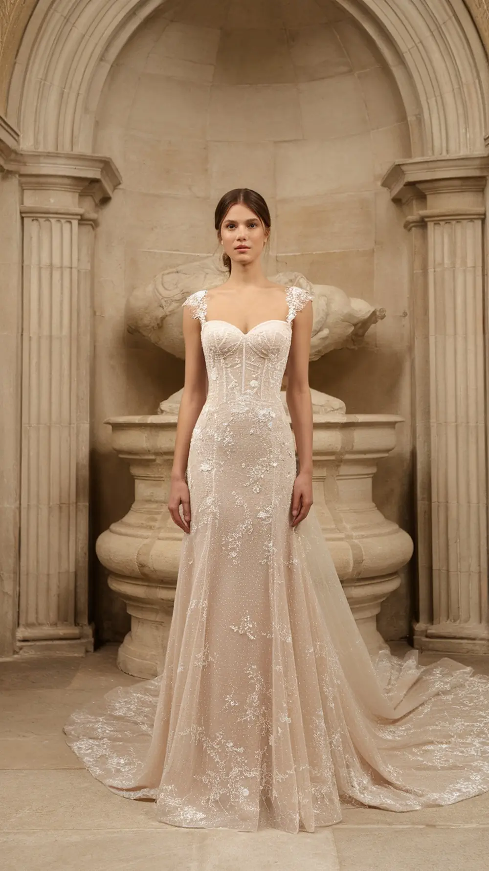 A bride in a timeless sheath wedding dress with lace details and a sweetheart neckline.