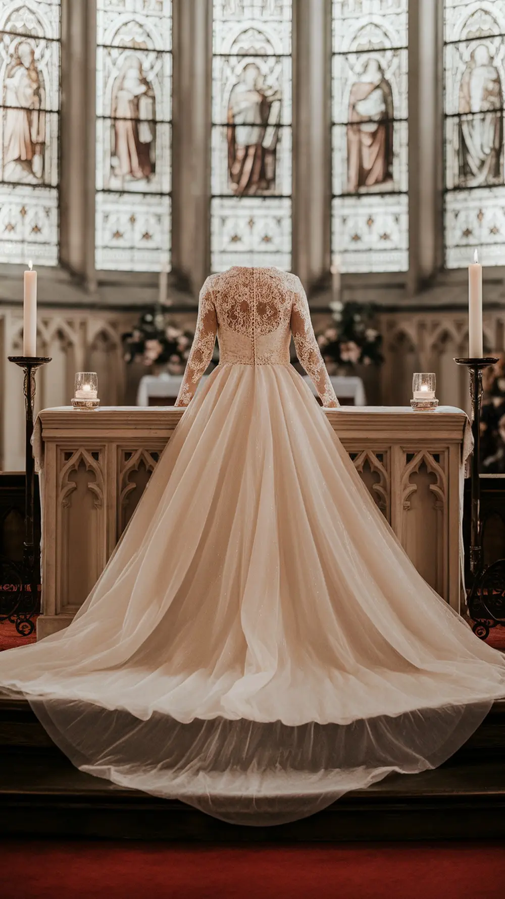 A beautiful A-Line wedding dress with a long train displayed in a serene church setting.