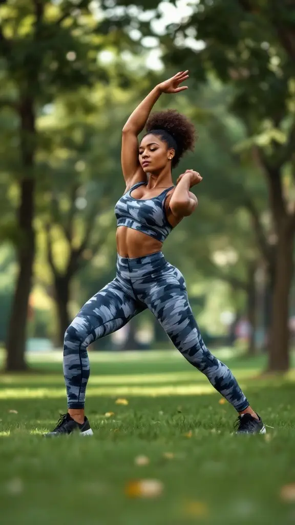 A woman in a sporty outfit, showcasing trendy athleisure style.