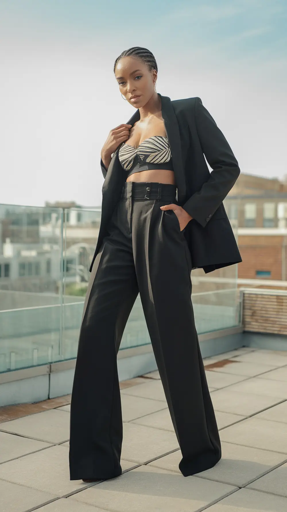 A model wearing high-waisted trousers and a crop top, styled elegantly on a rooftop.