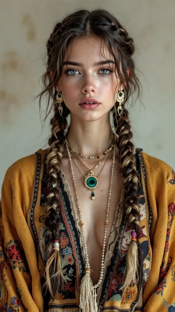 Model with twisted braided pigtails wearing jewelry