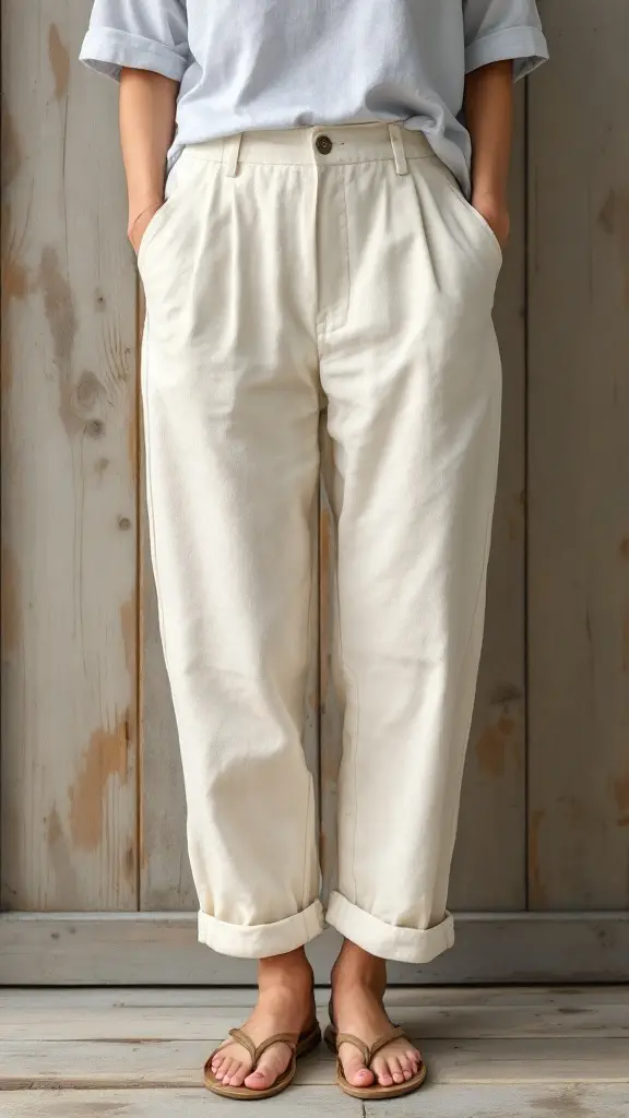 A person wearing cream-colored linen pants with a light blue shirt and sandals, standing against a wooden background.