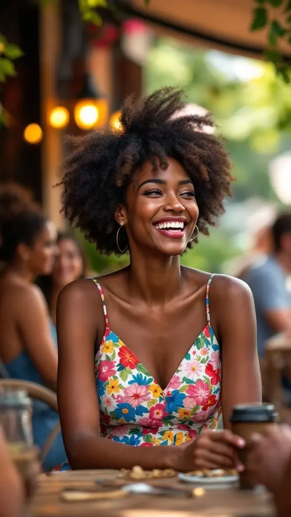 A smiling woman with an afro hairstyle wearing a vibrant floral dress, enjoying a coffee in a lively outdoor setting.
