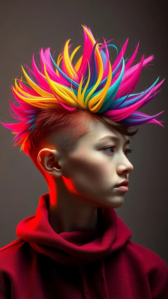 A model with a vibrant spiked haircut featuring bright pink, blue, and yellow strands, showcasing an edgy style.