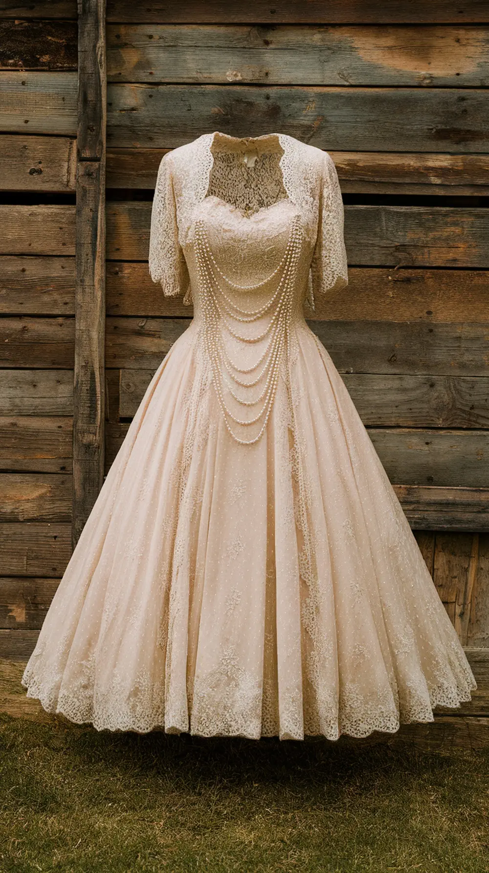 A vintage-inspired tea length wedding dress featuring lace details and pearl accents, displayed against a rustic wooden backdrop.